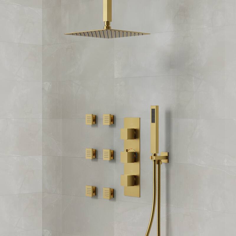 Thermostatic Shower System 12" Rain Shower Head with High Pressure Handheld Spray