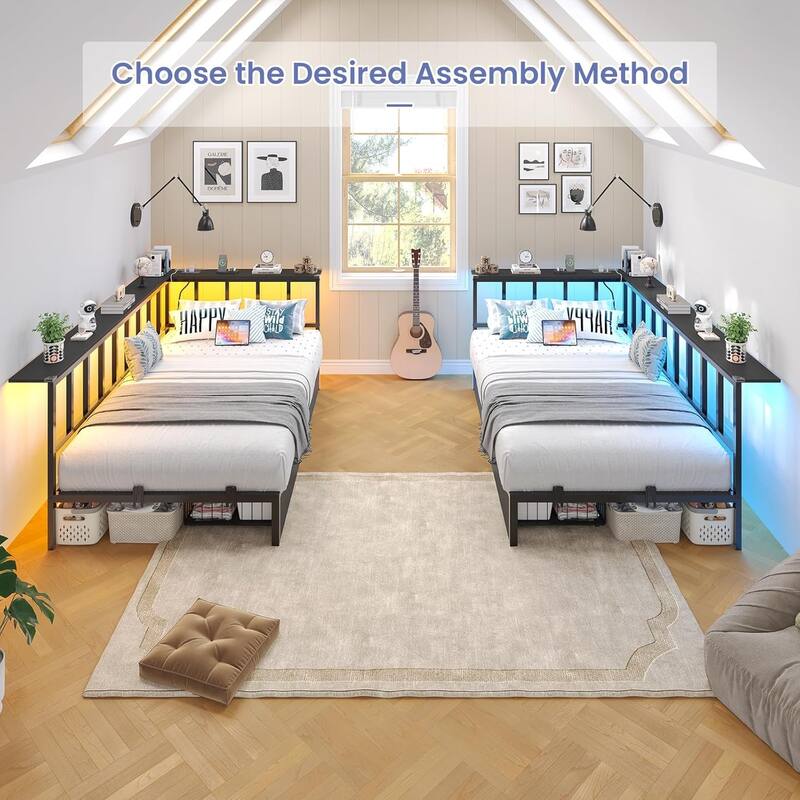 Corner Bed Frame 2 Storage Drawers Daybed Charging Station LED Lights