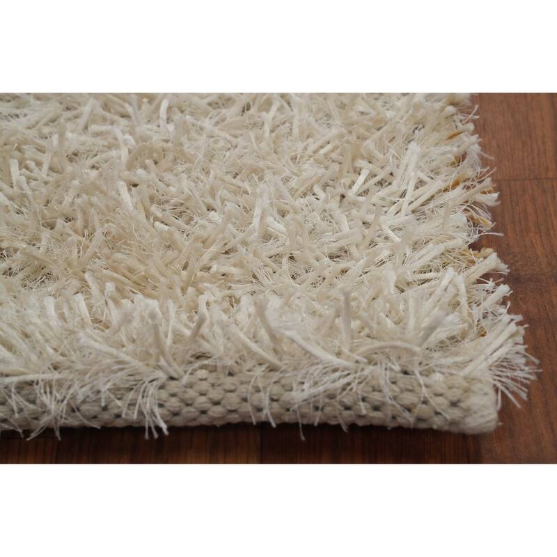 Hand Knotted Oriental Polyester Carpet Modern Solid Beige & Ivories Shaggy Area Rug - 3' 6'' X 1' 10''