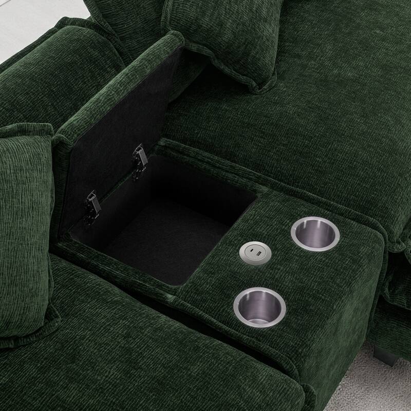 111" Chenille Upholstered Sectional Sofa with 2 Ottomans, USB Ports, Cup Holders and Storage Box for Living Room
