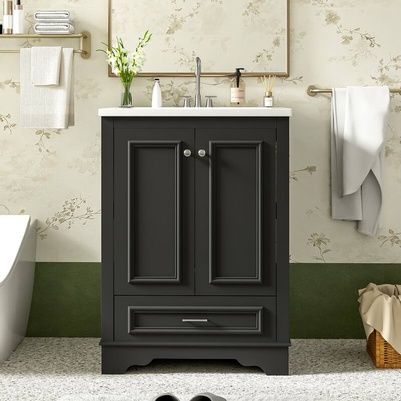 GDFStudio - Halcyon Modern Freestanding Bathroom Vanity with Ceramic Sink and Soft-Closing Storage Doors & Silver Handles - Black