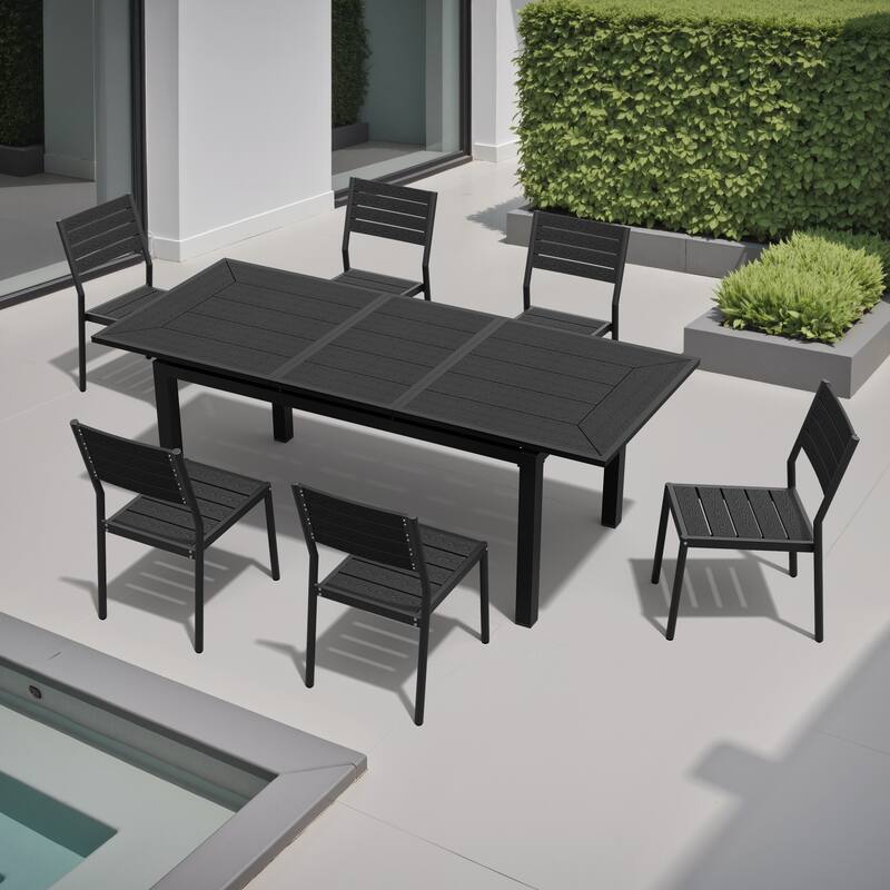 7-Piece Set Outdoor Patio Extendable Dining Table Aluminum with Stackable Chairs - Black