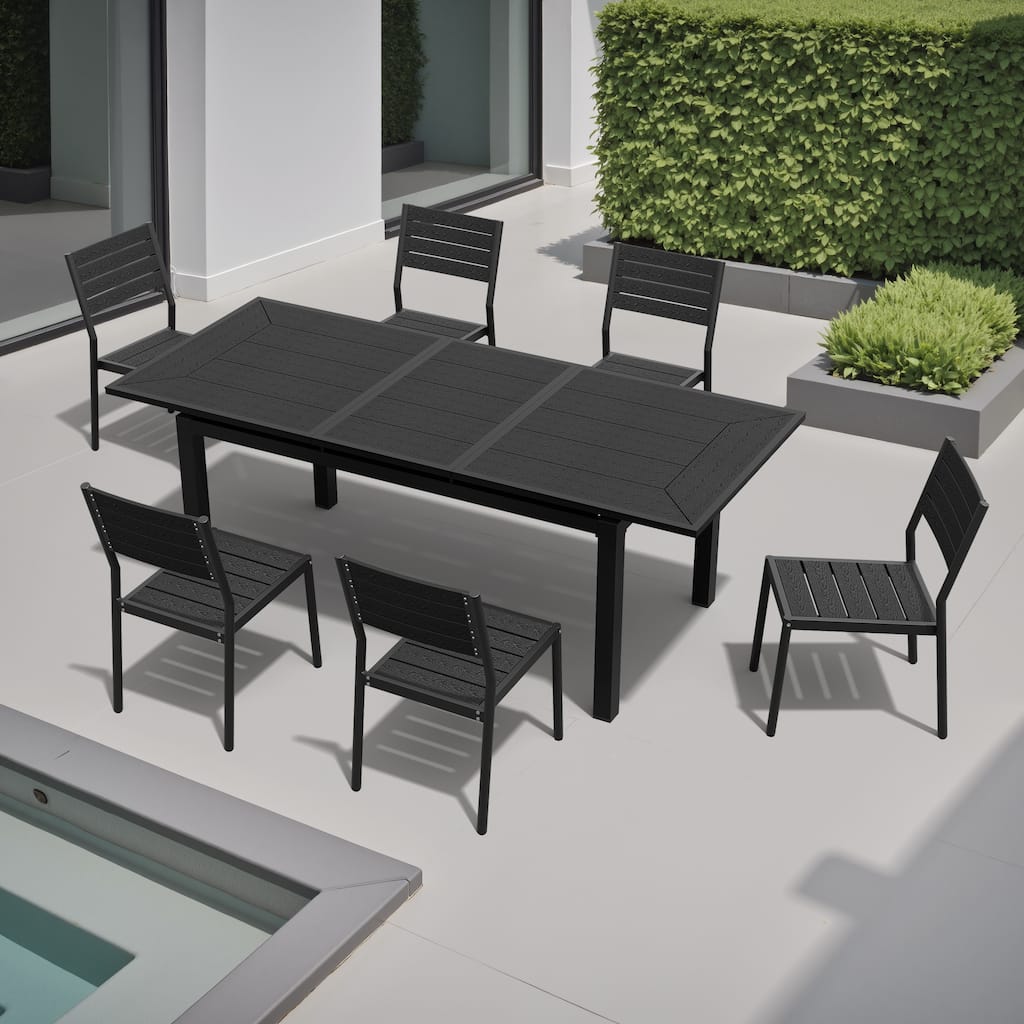 7-Piece Set Outdoor Patio Extendable Dining Table Aluminum with Stackable Chairs