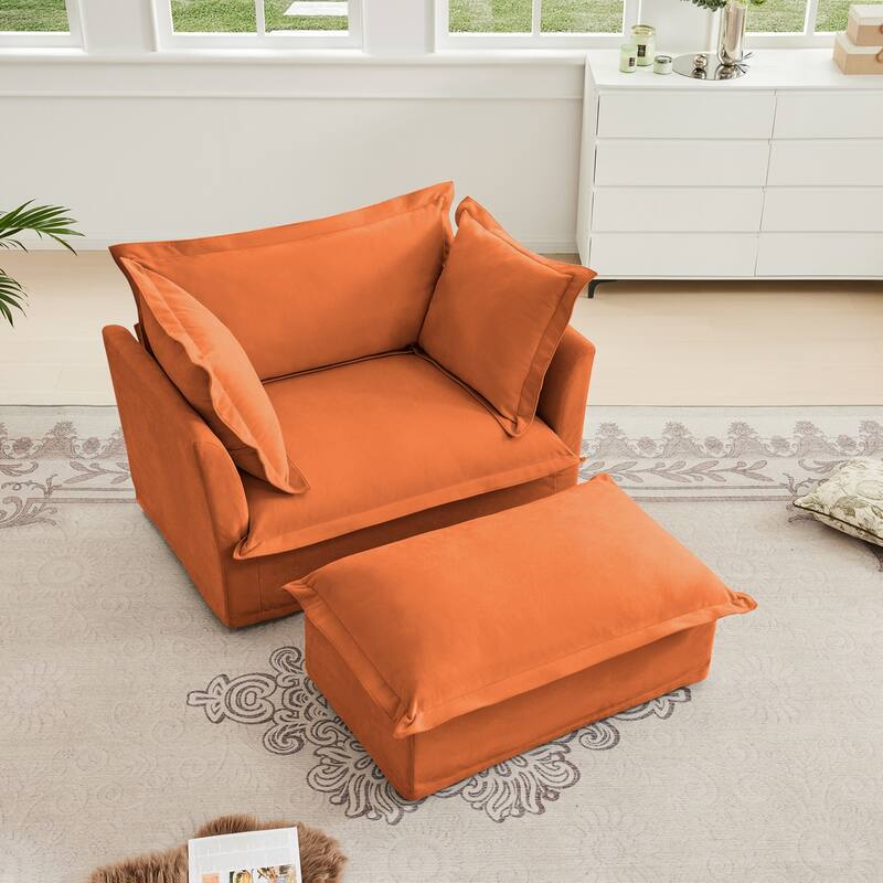 Upholstered Slipcovered Armchair with Ottoman, Deep Seat Armchair W/ Wide Ottoman, Armchair Sets, Chenille Fabric - Orange