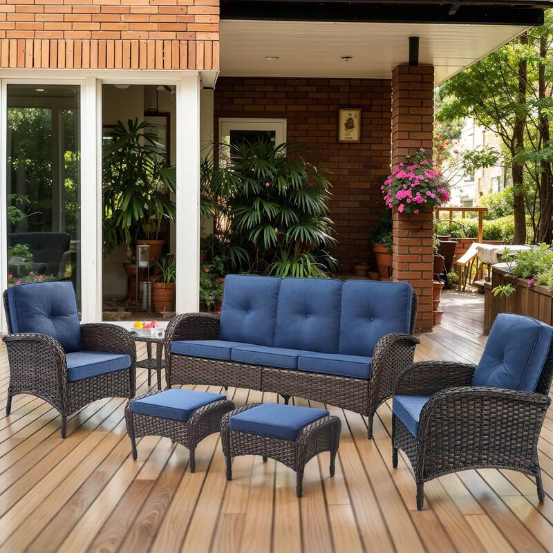 Outdoor Sofa Club Chair with Ottmans - Blue - Brown - Brown - Blue