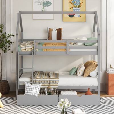 Gray Twin over Twin House Bunk Bed with 2 Drawers and Chimney Design, 79.5''L*57.4''W*88.7''H, 146.5LBS