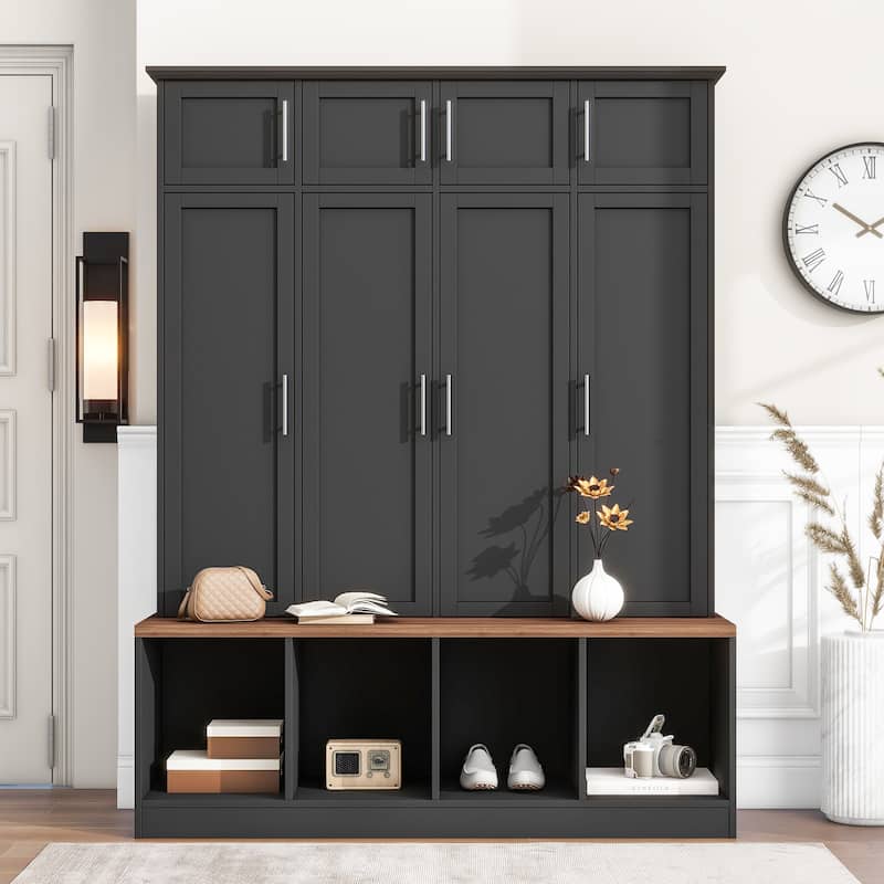Hall Tree Storage Cabinet with 4 Hidden Hooks, Bench, and Open Compartments