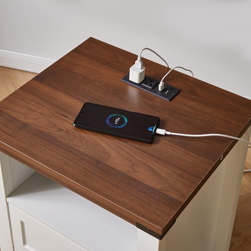 Farmhouse Side Table with Charging Station, Antique Nightstands with Drawers, Bedside Table with Open Shelf for Bedroom