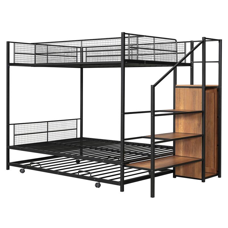 Twin Over Full Bunk Bed with Trundle, Storage Ladder, and Wardrobe, Perfect for Families or Guest Rooms