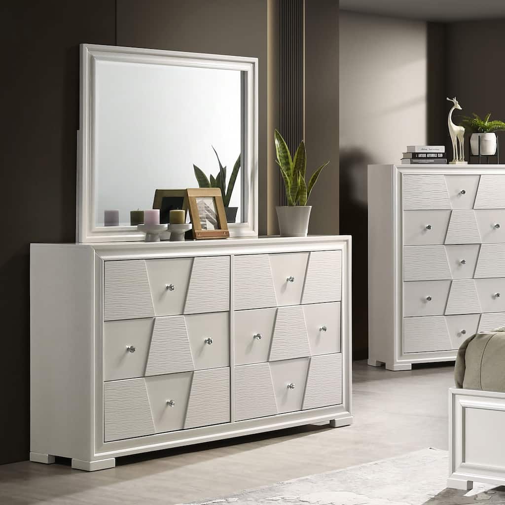 Furniture of America Watella Modern 2-Piece White Solid Wood 6-Drawer Dresser and Mirror Set