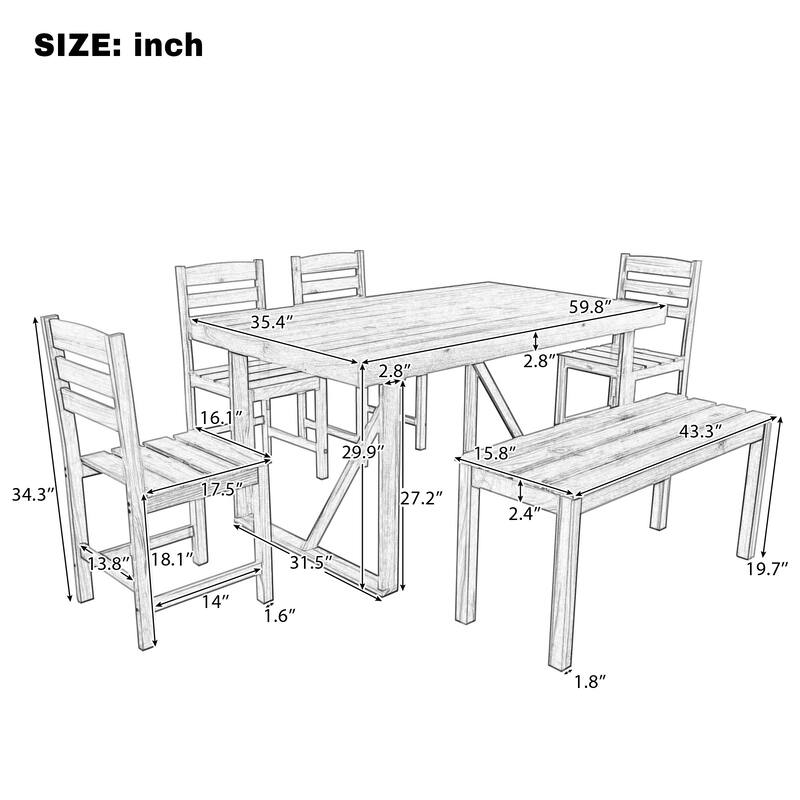 Roomfitters 6-Piece Acacia Wood Outdoor Dining Set with Bench and 4 Chairs, Rectangular Table for Patio and Backyard