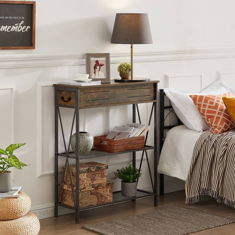 Modern Narrow Console Table with 2 Dual Drawer and Shelves, Brown