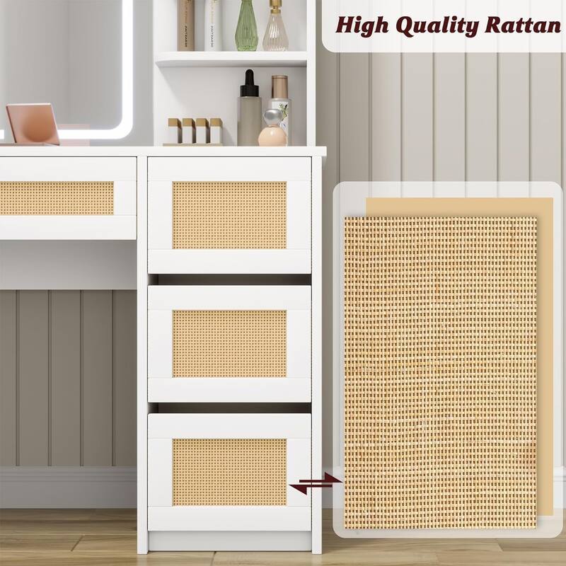 White Rattan Vanity Desk with Adjustable LED Light & Mirror, Makeup Table with 4 Drawers & 2 Open Shelves for Bedroom