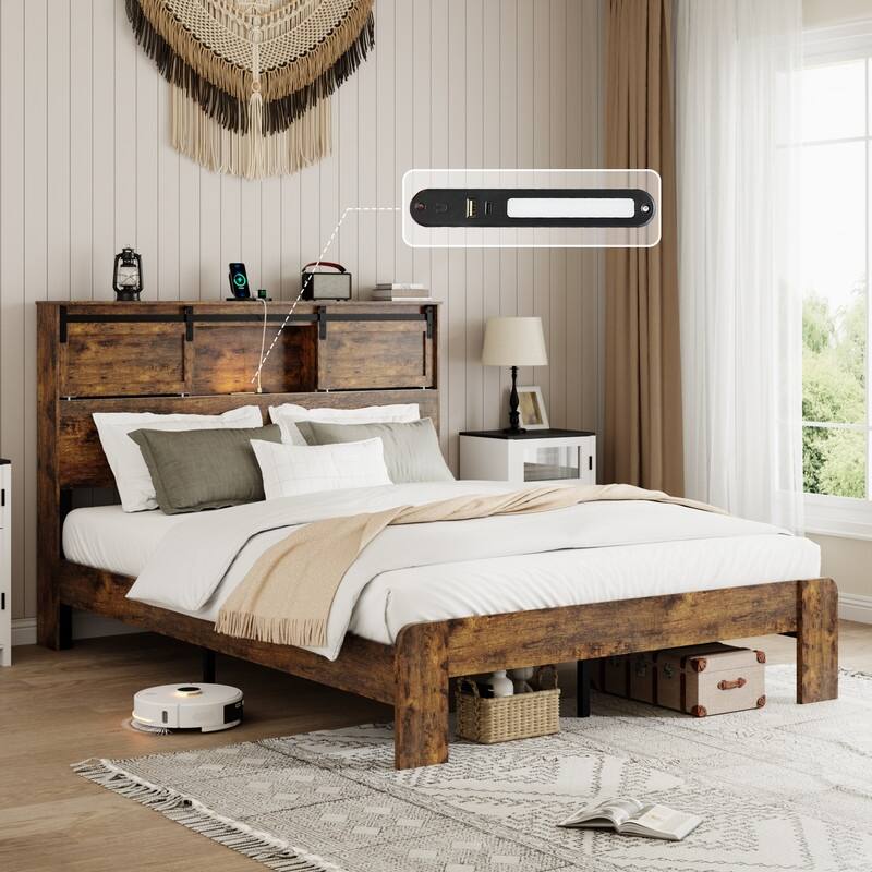 alazyhome Farmhouse Wood Platform Bed Frame with Storage Headboard & Charging Station