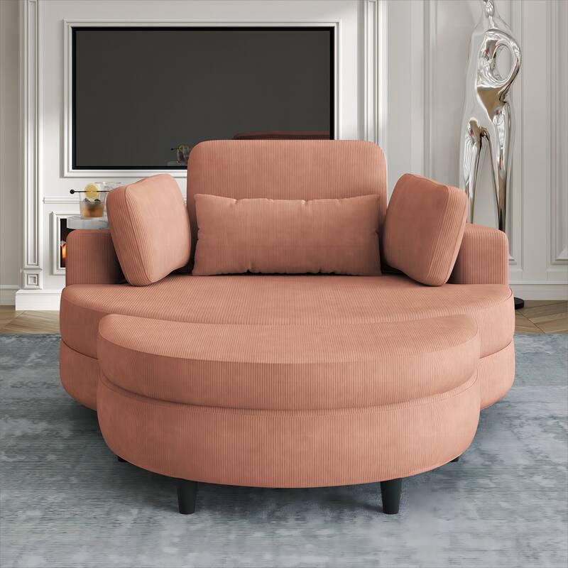 Corduroy Sofa Chair with Ottoman, 2 Throw Pillows and 1 Waist Pillow - Orange