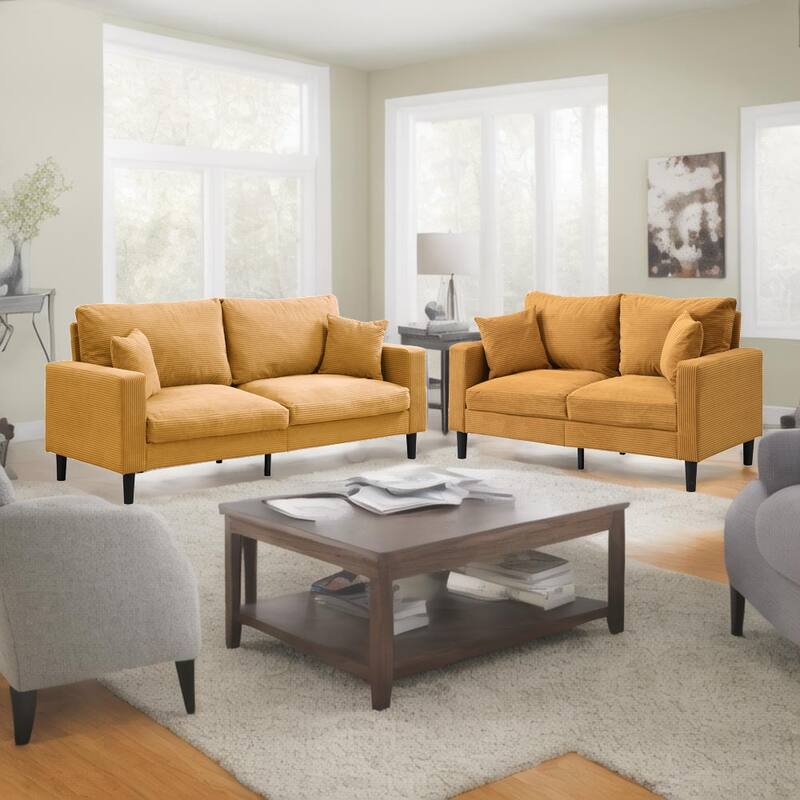 5-Seat Corduroy Sofa Set (3+2) with Sponge Cushions & Hardwood Frame - Orange