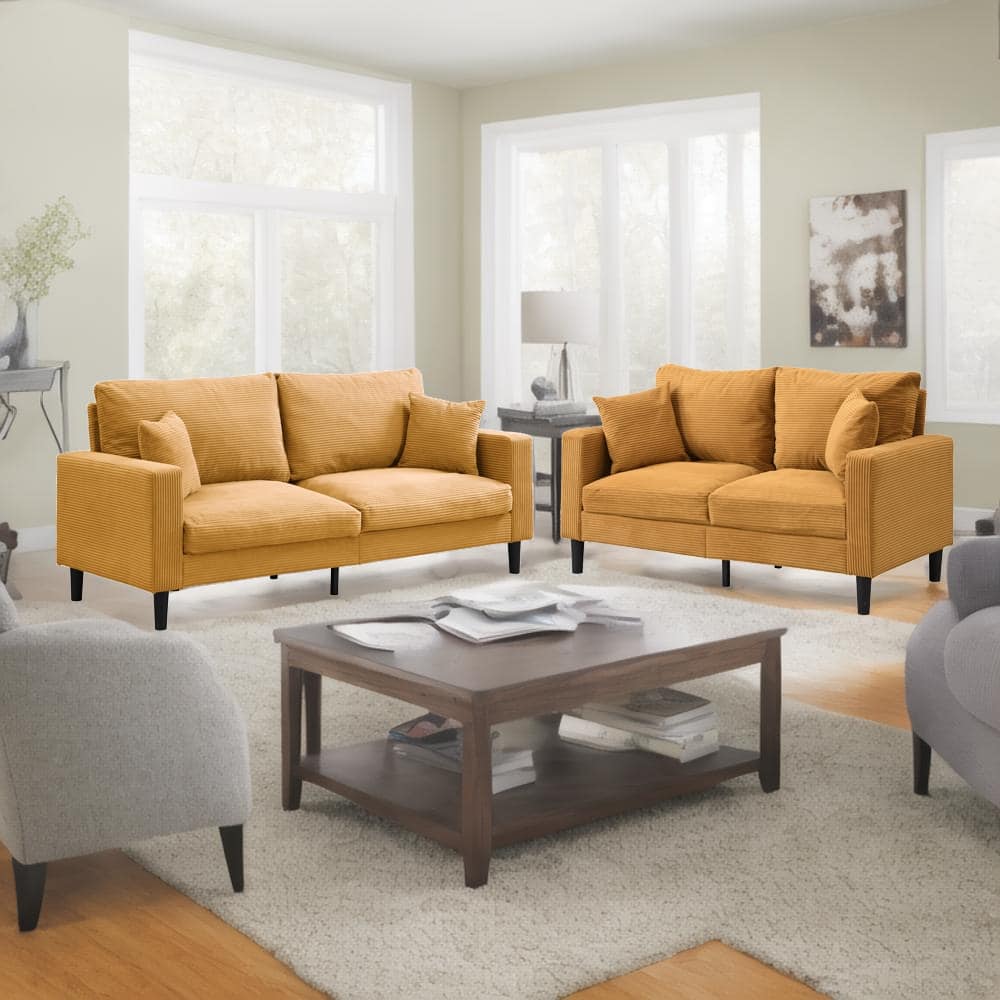 5-Seat Corduroy Sofa Set (3+2) with Sponge Cushions & Hardwood Frame