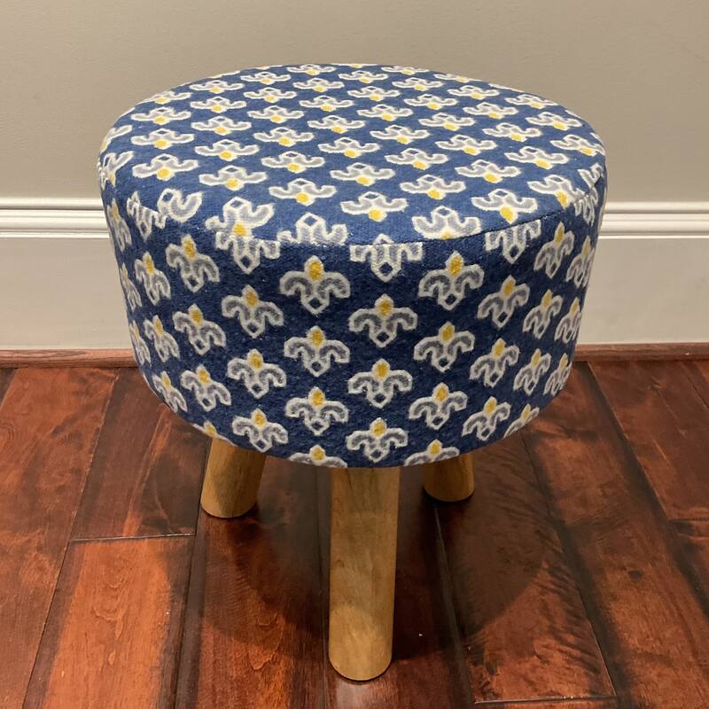 HERAT ORIENTAL Wooden Round Upholstered Cloth Stool - Blue - 14" x 17" x 14"