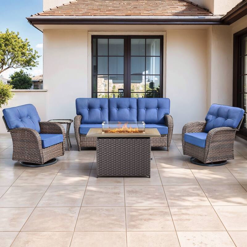 Gymojoy Outdoor Wicker Patio Furniture Sofa Set with 55,000 BTU Fire Pit Table, Swivel Chairs, Ottomans & Side Tables - Brown Wicker / Blue Cusion - 5-Piece
