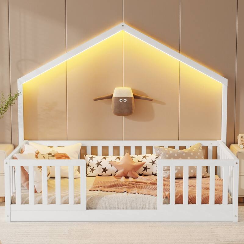 Wooden Floor Bed House-shaped Frame, Montessori Floor Bed with Light and High Rails, Wood Slat Support Floor Daybed