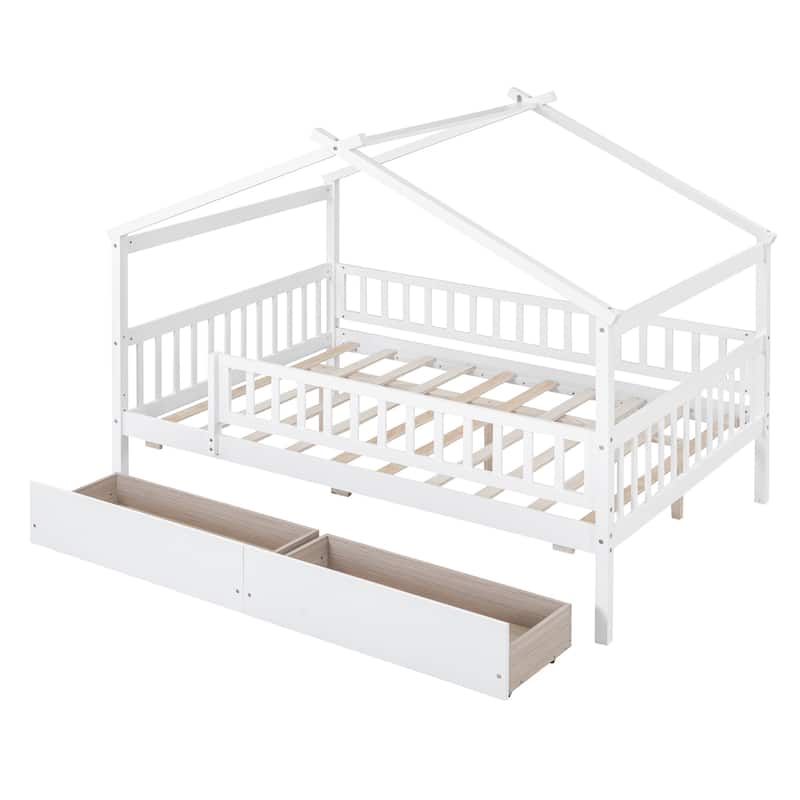Full Size Wooden House Bed with Two Drawers and Roof