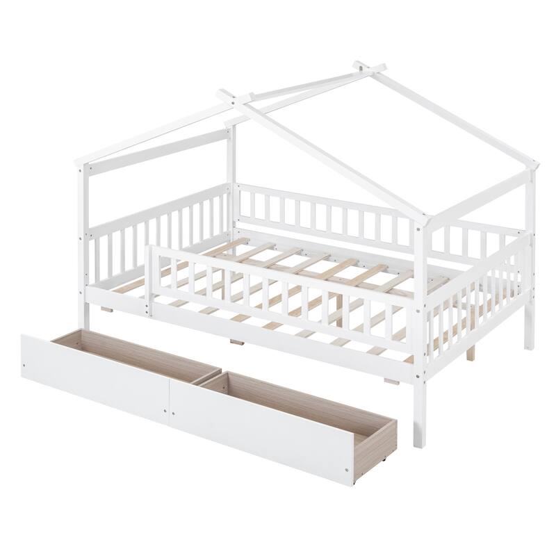 Kids Twin/Full Wooden House Bed with Roof and Storage Drawers, Solid Pine Frame