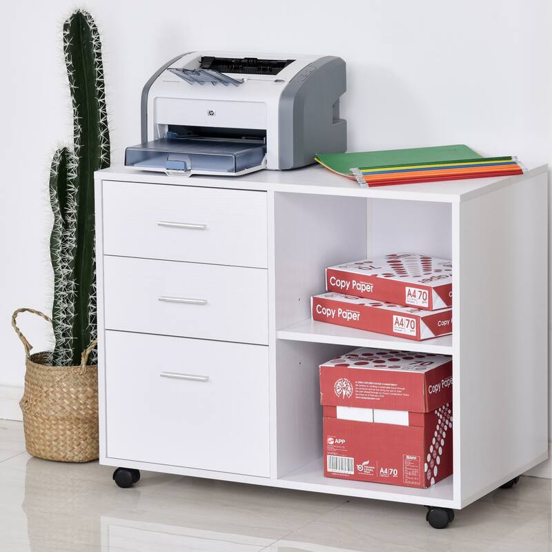 HOMCOM Indoor Office Storage Cabinet with 3 Storage Drawers, Open Shelving, & Wheels