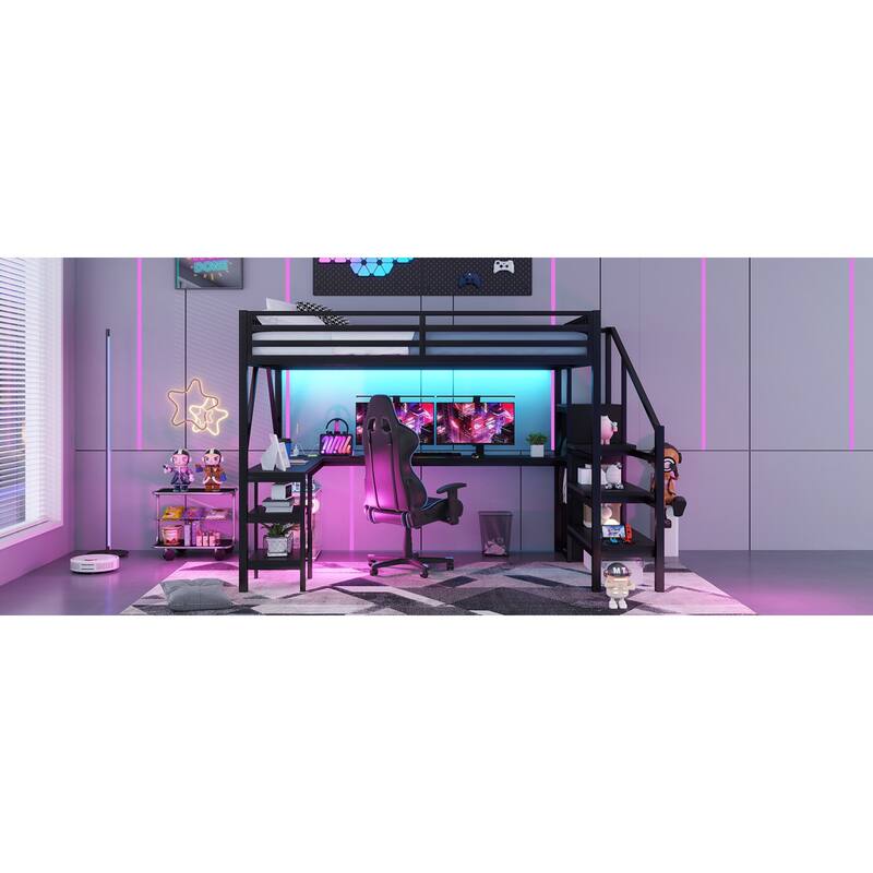 Roomfitters Full/Queen Loft Platform Bed, L-Shaped Desk and LED Wardrobe with Metal Frame for Bedroom or Guest Room