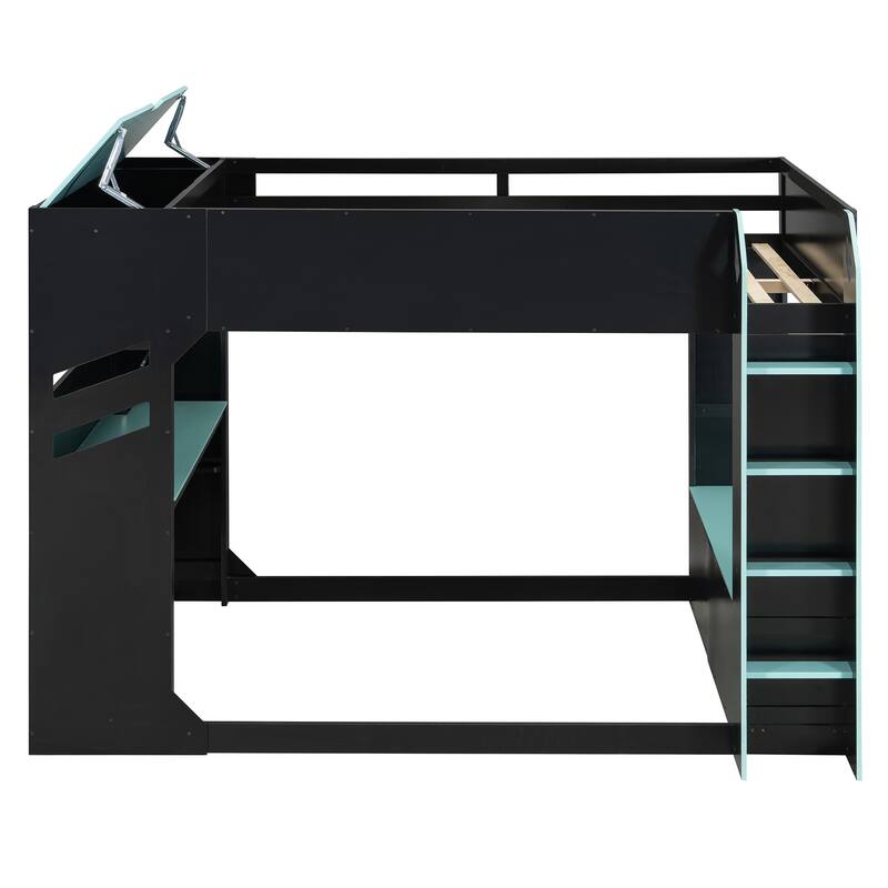 Full Size Loft Bed with Desk and RGB Lights, Wood Storage Bed with Drawers