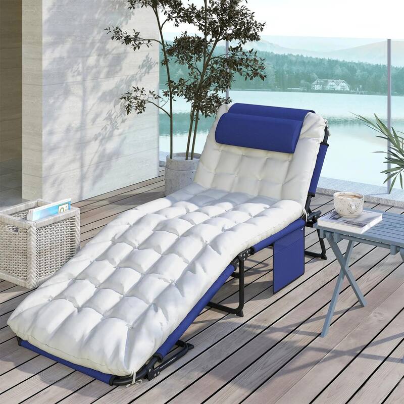 Folding Chaise Lounge Chair,4-Pos Recliner,Cushion,Pocket,Headrest
