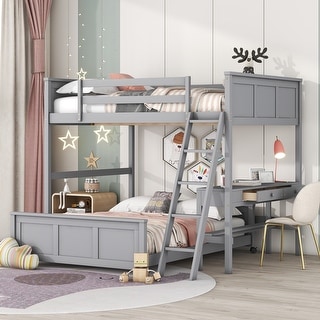 Full over Full Bunk Bed with Desk & Drawers, Wooden Separated Bedframe