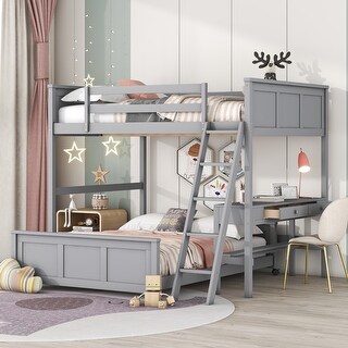 Space-Saving Twin Over Full Bunk Bed with Desk and Drawers - Solid Pine, White/Grey