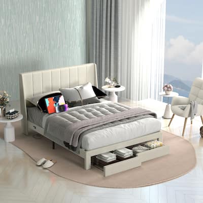 Homy Casa Platform Bed with Wingback Headboard & Storage