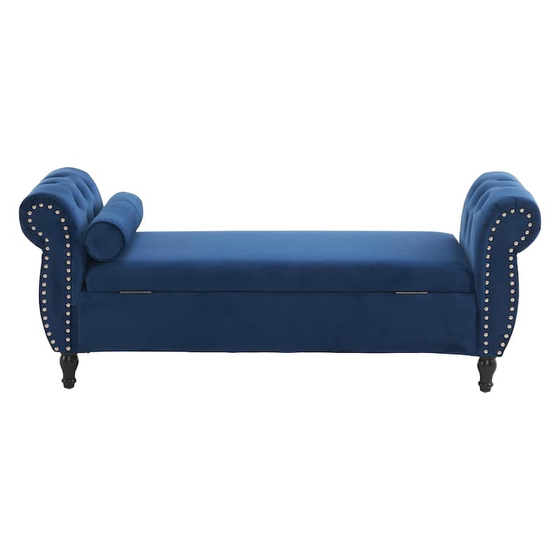 51.25" Velvet Storage Ottoman Bench with Rolled Arms and Wood Legs