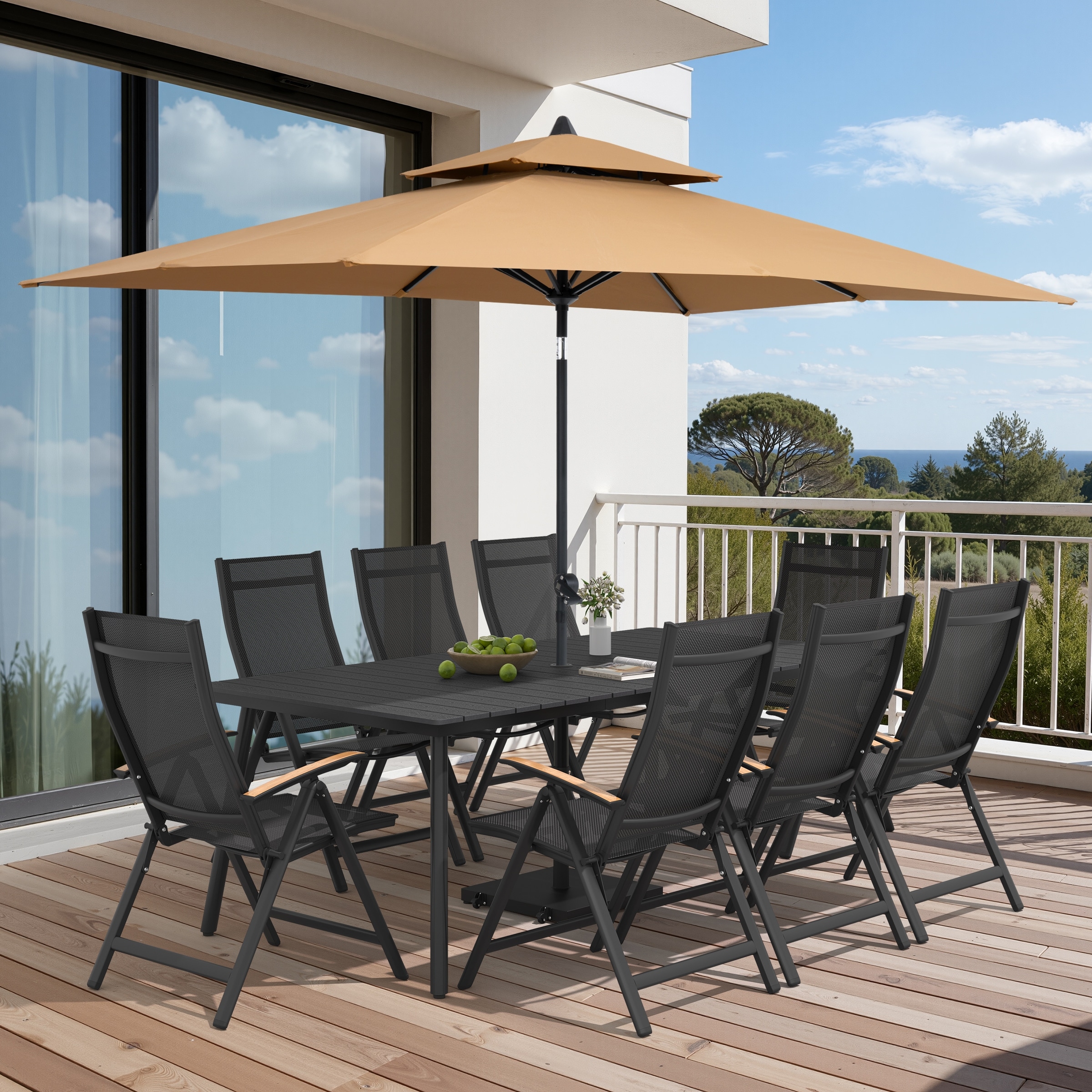 9/11-Piece Outdoor Patio Dining Set Aluminum Dining Table and Folding Chairs w/10 ft Umbrella and Base