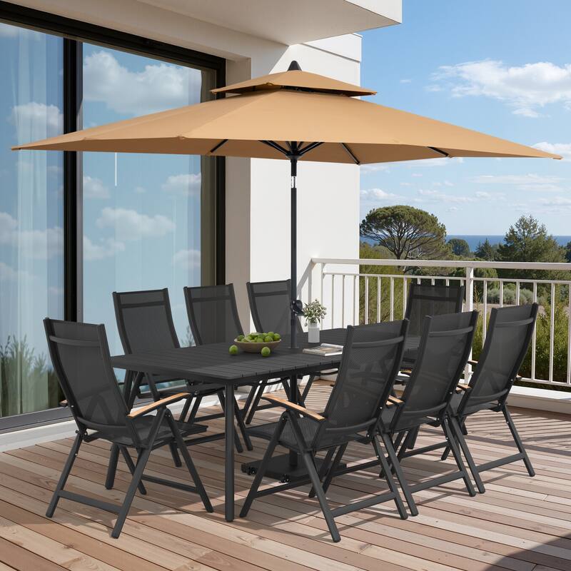 9/11-Piece Outdoor Patio Dining Set Aluminum Dining Table and Folding Chairs w/10 ft Umbrella and Base - Set of 11 - Black Table with Tan Umbrella