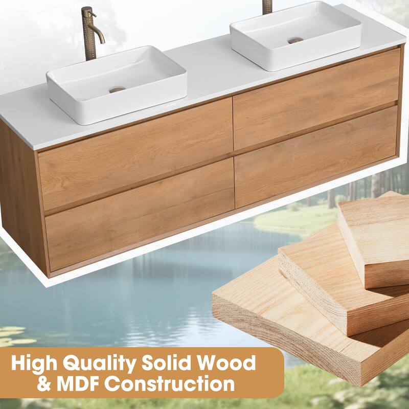 72" Floating Bathroom Vanity Quartz Counter Top with Double Ceramic Vessel Sink - Square Sink
