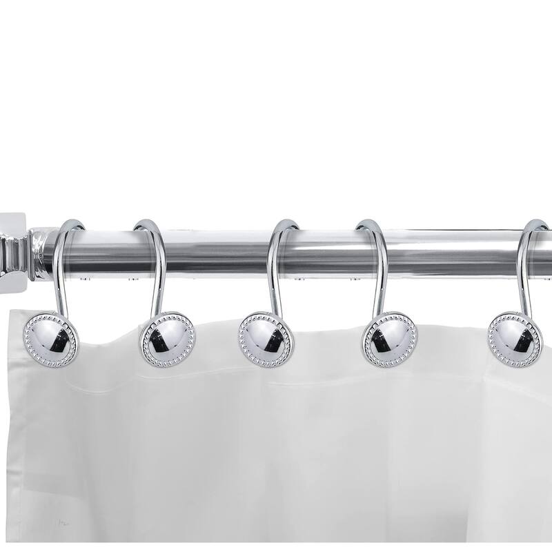 12 Piece Set - Chrome Button Heavy Duty Shower Curtain Hooks Rings Rustproof Metal - Chrome