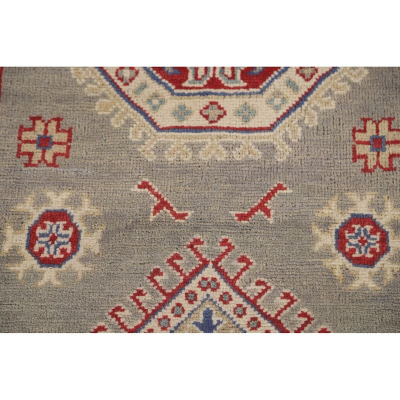 Geometric Kazak Runner Rug Hand-Knotted Grey Wool Carpet - 2'9" x 19'7"