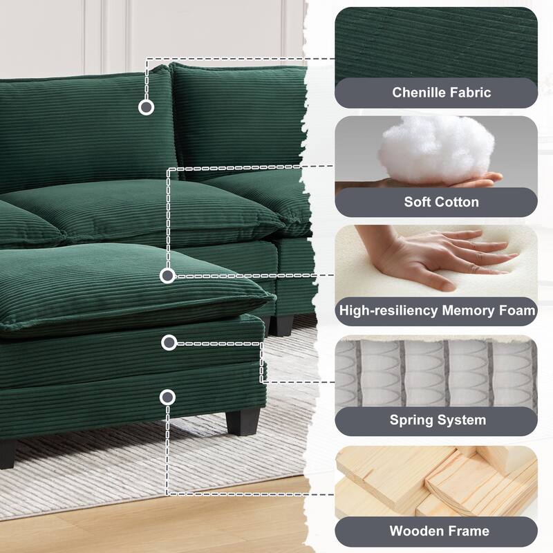 Oversized Modular Sectional Sofa with Ottoman, 102 Inch 4 Seat Corduroy L Shaped Couch for Living Room