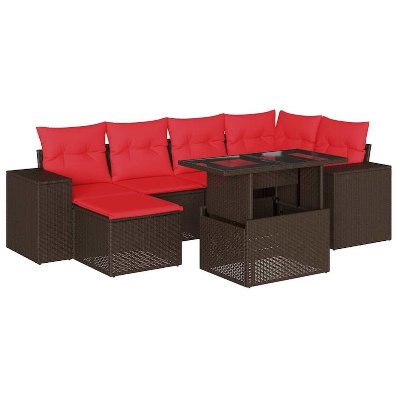 vidaXL Patio Sofa Set with Cushions Table and Couches 7 Piece Poly Rattan