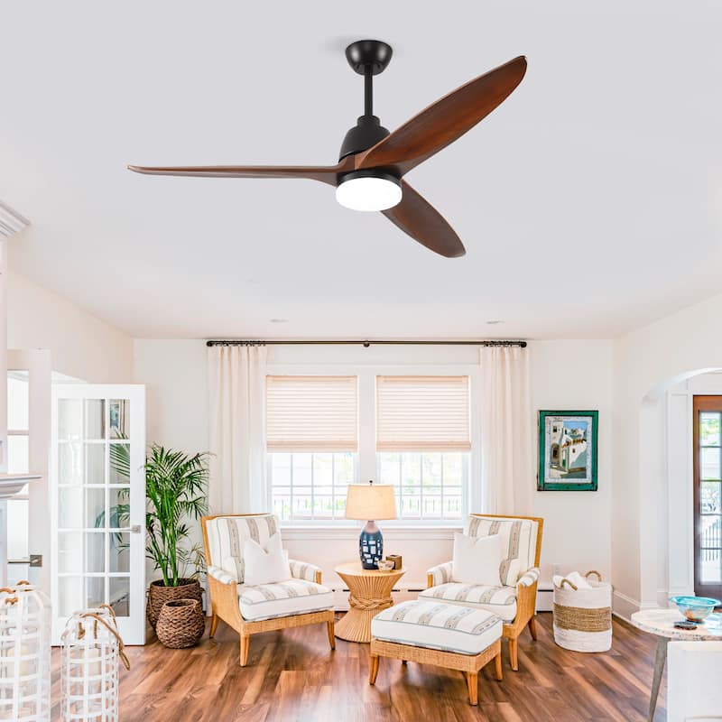 Hot sales 52 Inch Black Ceiling Fan With 3 Color Dimmable 5 Solide Wood Blades Remote Control Reversible DC Motor With Led Light