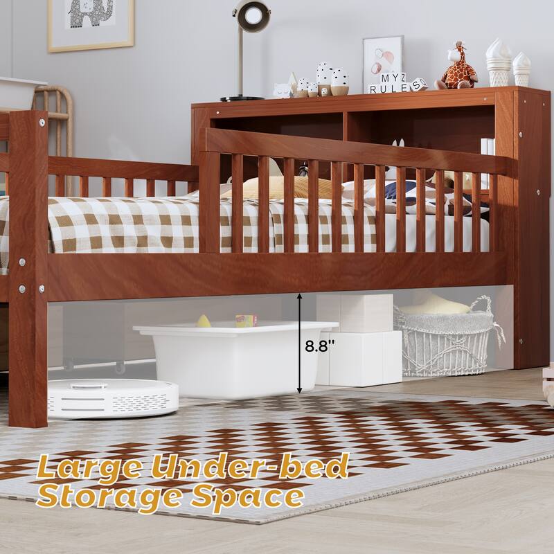 Twin Size Storage Bed with Bookcase Headboard, 2 Under-Bed Drawers, and Guardrails