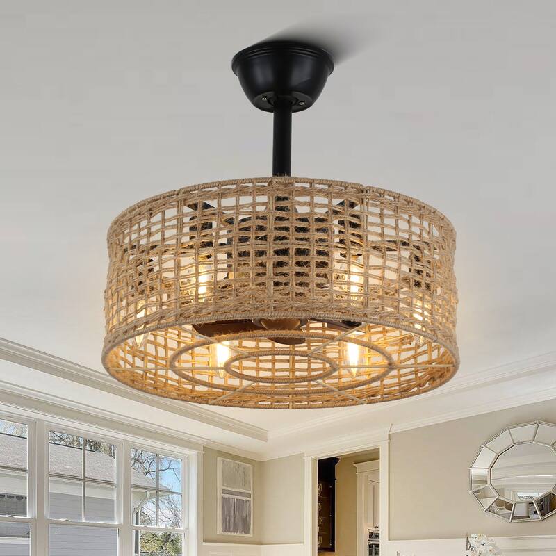 20" Oaks Aura Rattan Hemp Rope Zen Conception Boho Caged Ceiling Fan with Lights,3- Speed Scandi Style Fan lights w/Remote - Remote
