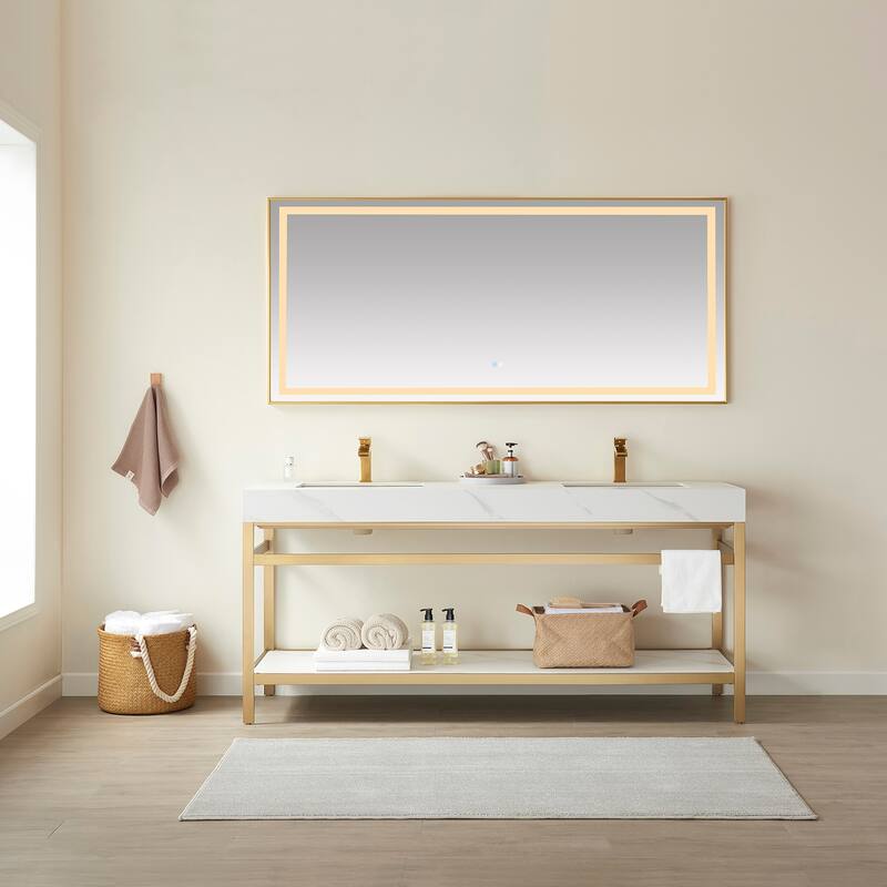 Funes 72" Double Vanity, Metal Support with Stone Top and Mirror - 72''x22''