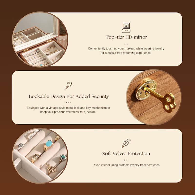 Walnut Color Pull-out with Locking and Mirror 5-Layer Jewelry Box - 11.82