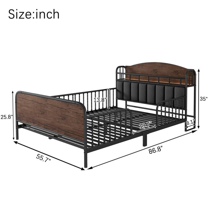 Roomfitters Twin/Full Metal Platform Bed, LED Storage Headboard and Guardrails with Metal Frame for Bedroom or Guest Room