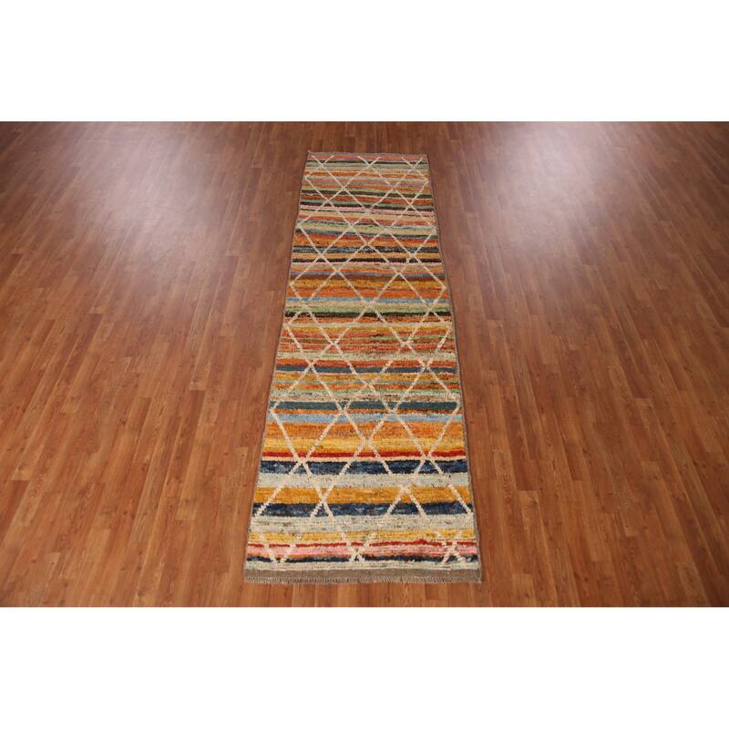 Striped Moroccan Oriental Runner Rug Handmade Wool Carpet - 3'0" x 10'2"