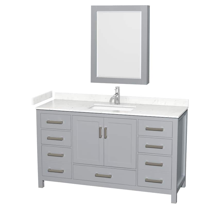 Sheffield Single Bathroom Vanity Set, Cultured Top, Medicine Cabinet - 60-Inch Single - Gray, Carrara Cultured Marble Top, Chrome Trim