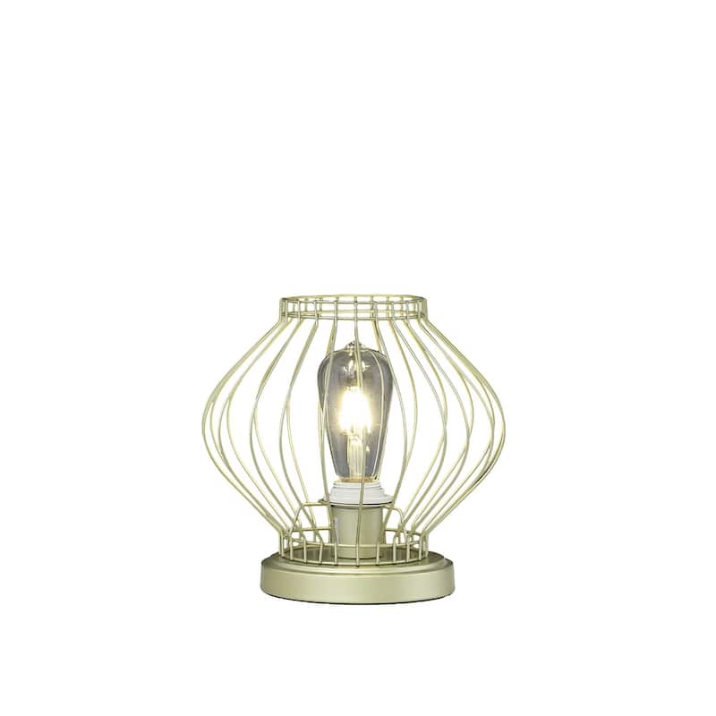 Gold Metal Cage Bedside Lamp with Drum Shade and In Line Switch - 9.75” x 9.75” x 9.5” (D x W x H)